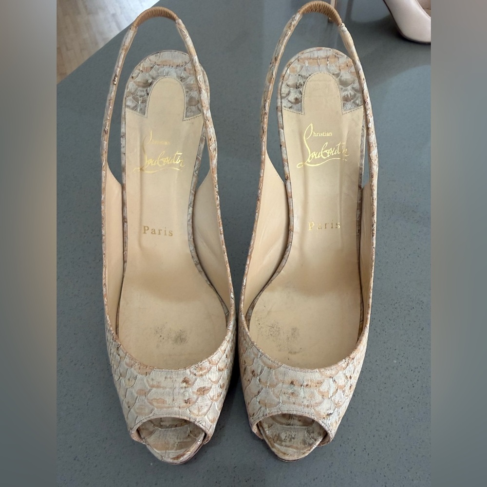 Christian Louboutin Beige Snakeskin Peep-Toe Pumps